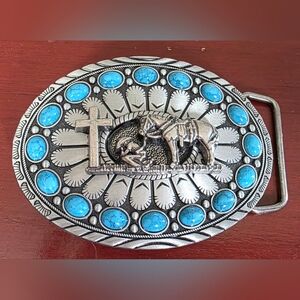 Silver Or Gold Faith Cowboy kneeling praying  cross With His Horse Belt Buckle